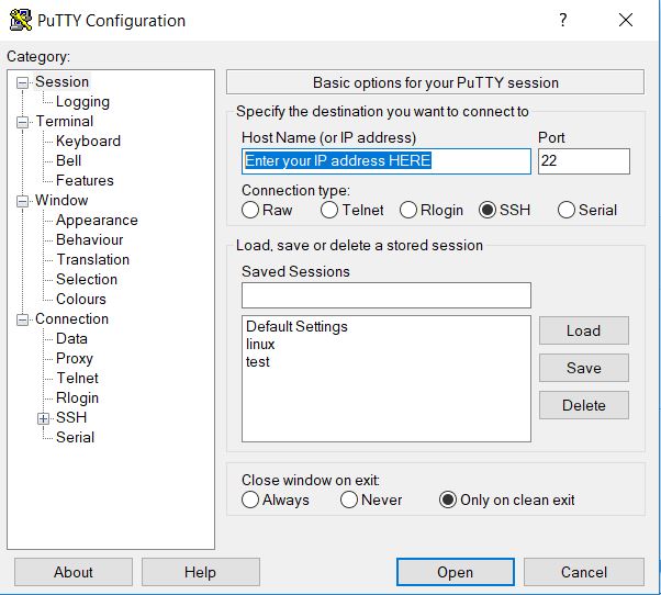 PuTTy-configuration window